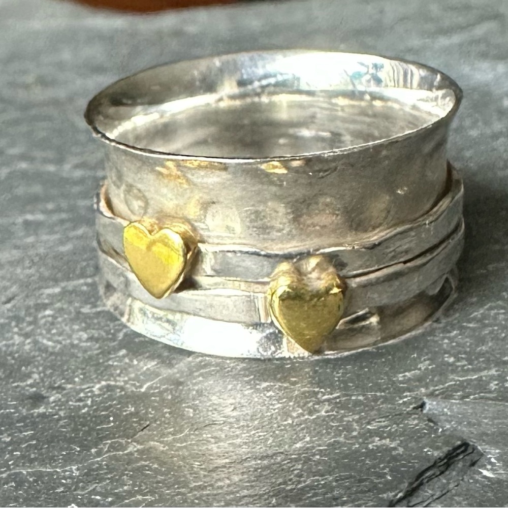Martha Jackson Sterling Silver Mixed Metal Spinning Hearts Ring - Size 10